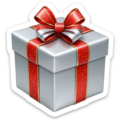 Hyperrealism  wrapped christmas gift, with realistic detailed silver and red glitter 3D ribbon  sticker