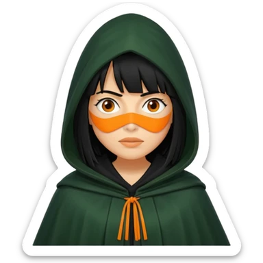 traitor tv show, person wearing dark green cloak with hood up who looks like claudia winkleman orange skin tone and thick black fringe no orange on the cloak  sticker