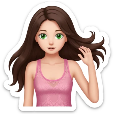 super long haired brunette with middle part cute pink lacy tank white but tan green eyes doing a hairflip sticker