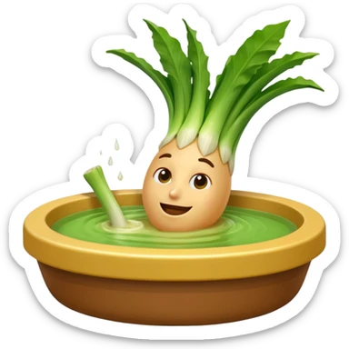 Create a 3D emoji of a relaxed leek in a jacuzzi filled with a slightly lumpy, yellowish-brown sauce sticker