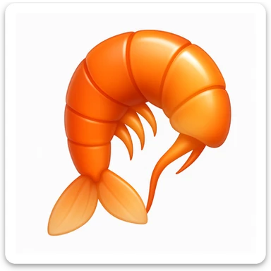 Create a shrimp emoji that looks exactly like the reference image in iOS emoji style. The emoji should have a 3D appearance with shiny, smooth gradients, soft shadows, and a realistic shrimp shape, capturing the classic emoji look. Add a subtle highlight to the shell. sticker