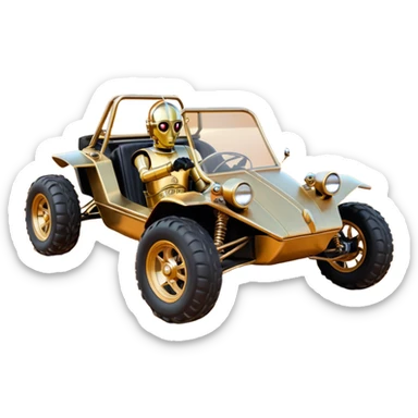  tarnished neon underglow C-3PO ghost hunter 1964 delicately ornate rosegold wood accents painted dune buggy buckboard powered by electric motors and batteries with racing safety belts while flying rapidly roughening terrain stable on strong agile advanced suspension and steering sticker