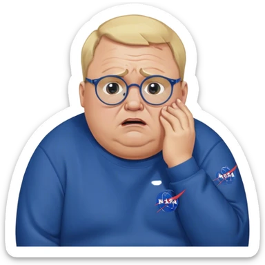angry fat man, crying like a kid,  blond short and hight receding hairline, wearing a dark blue sweatshirt, nasa logo on the sweatshirt, round glasses without frame, 40 years old sticker
