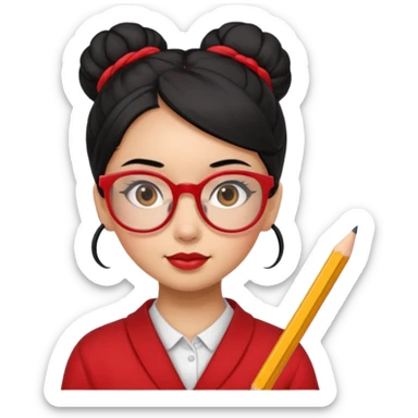 Morena girl with black hair that's in a bun style, with a pencil holding the bun in place. she has a cute rectangular red glasses sticker