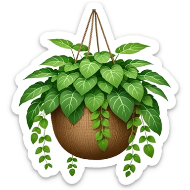 Plectranthus Verticillatus plant with round green leaves in a coconut fiber hanging basket sticker
