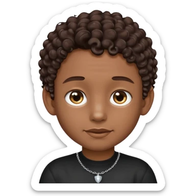a boy emoji with a milk chocolate skin color, short dark brown curly hair with 2 silver stud earrings on both ears and 2 slits on each eyebrow and is wearing a black shirt with a silver necklace  sticker