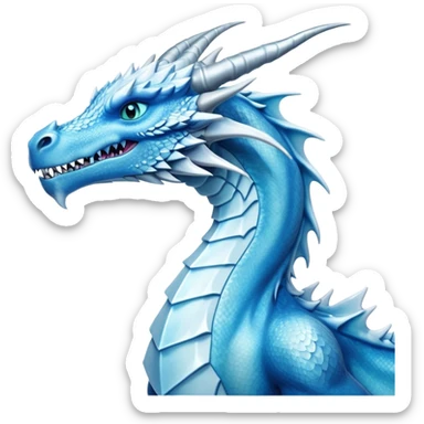 Cinematic Noble Fierce Ice Dragon Portrait Emoji, Poised and imposing, distinct long elegant snout, with a slender, scaled body shimmering in glacial hues of icy blue, frostbitten silver, and crystalline white, breathing out frost, with piercing, glowing eyes that radiate the chilling depths of an arctic storm; rendered in detail. sticker
