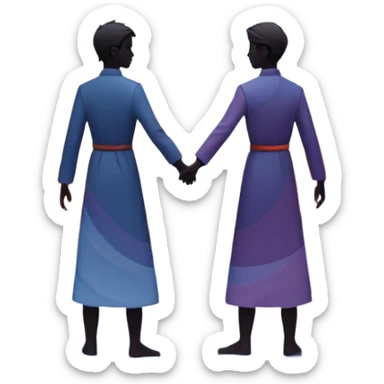 Center composition: Two silhouetted figures standing back-to-back or side-by-side in a circle of calm (soft blues, lavenders, white light)
Around them: Swirling storm energy—abstract shapes, wind lines, chaotic movement in reds, oranges, and dark grays sticker