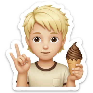 A kid with blonde icecream hair with two hands that has 6 on the left hand and 7 on the right hand sticker