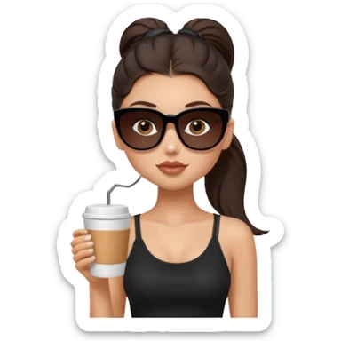 generate a pretty fair bratz girl with dark brown eyes, dark brown eyes tied into a slick back ponytail, thin brown sunglasses. Wearing a black cami top and drinking coffee sticker