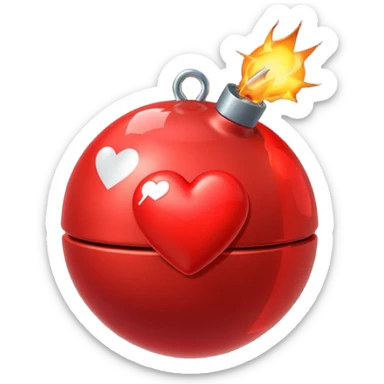 A spherical shaped bomb, red in colour, fuse burning with a heart. sticker