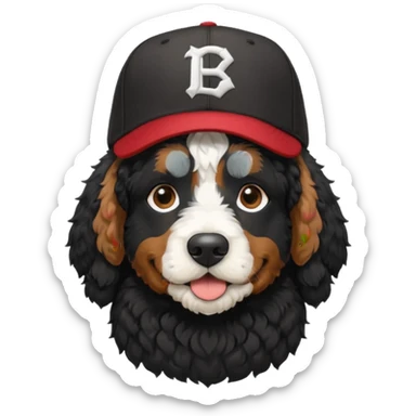 A black Bernedoodle with a white chest with a baseball hat on that says PC sticker