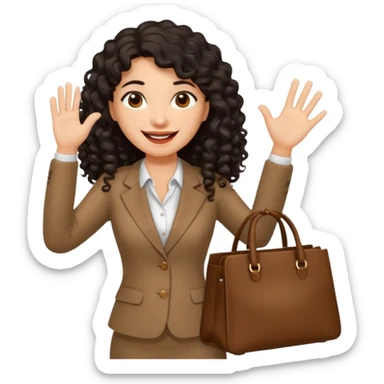 medium deep tan brown business woman with long black curly hair, waving hand with happy face with smile mouth and carrying bag on her shoulder sticker