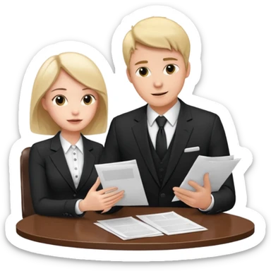 man in formal suit talking to woman in formal suit, they sit, papers in hands on the table sticker