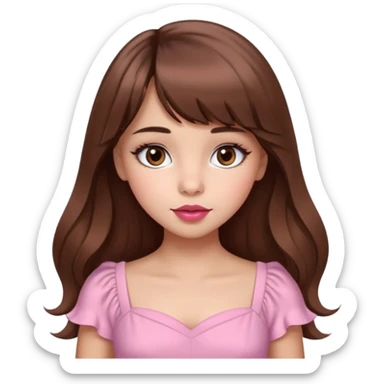 A cute girl with medium skin, soft pinkish cheeks, large bambi dark hazel eyes with long eyelashes, long wavy brown hair with bangs, medium straight nose with a soft tip, medium natural red lips, very feminine and pretty features, wearing a beautiful pink dress.l sticker