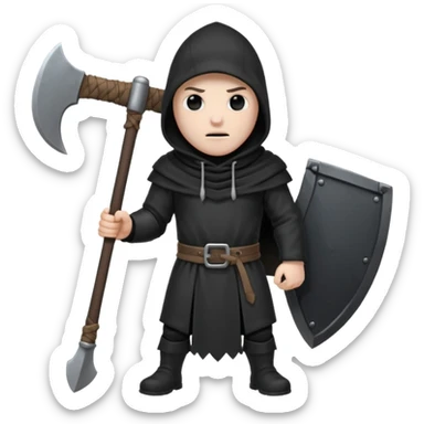 an executioner with a black hood/ sheet on his face so we can't see his face and a big axe with large blades in his hand sticker