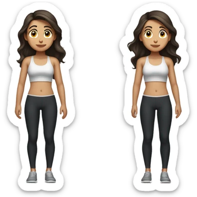 Side view of a brunette girl standing on a bathroom scale, looking down, wearing black leggings and a sports bra, her hair is down sticker