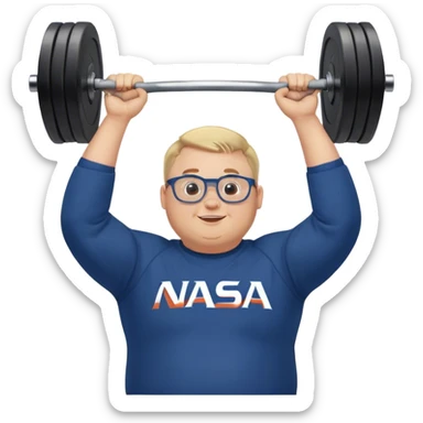 happy chubby man, lifts weights over the head,  blond short and hight receding hairline, wearing a dark blue sweatshirt, nasa logo on the sweatshirt, round glasses without frame, 40 years old sticker