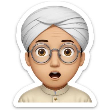 A person with light skin tone, wearing a traditional white ghutra with a black agal, large brown eyes, round glasses, and an open mouth showing a surprised or shocked expression. sticker