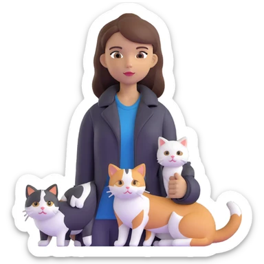 Light-skinned girl with brown straight hair wearing a black jacket, along with one pure white cat and one calico cat sticker