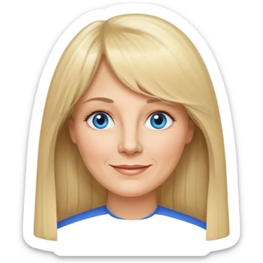 50 yr old white woman, curtain bangs, very long straight blond hair, oval face, small smile, blue eyes sticker