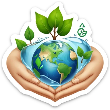 An icon featuring a green leaf, Earth held in hands, and a recycling symbol, symbolizing ecology. The design includes trees, clean water, and animals, representing environmental protection, sustainability, and ecosystems. Transparent background highlights the science of nature and conservation. sticker