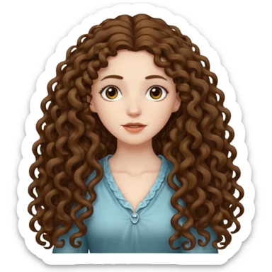 pale woman with brown curly very long hair, middle part. the hair is very very very very very very long, so long, you can't see the ends. the hair is very heavy and goes down to her feet sticker