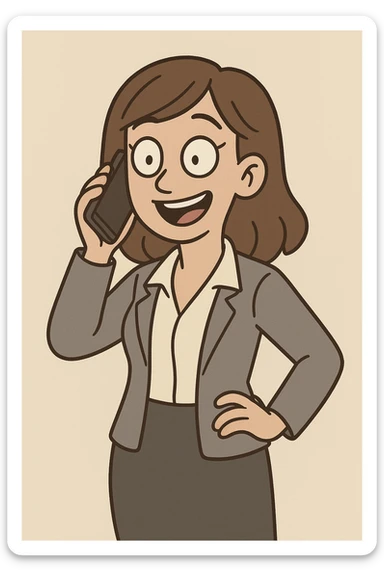 corporate girl, medium length straight wavy hair, cartoon style, talking on phone, cheerful, plain background sticker