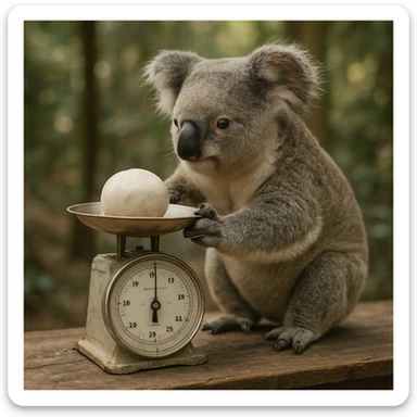 photorealistic koala weighing something on a scale, detailed background, natural colors sticker