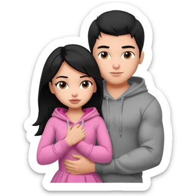 a pretty bratz boy with black hair and a grey hoodie, big biceps, hugging a girl with dark brown hair sticker