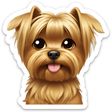 A small Yorkshire Terrier with fluffy golden-brown fur, black back, round face, perky ears, dark eyes, a small nose, and often a top bow or hair tie. With body sticker