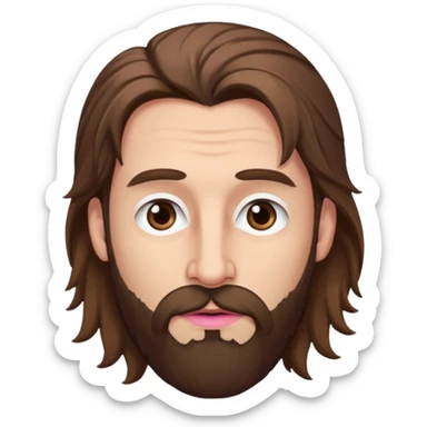 Handsome white man with big brown eyes thin pink lips long nose and long brown messy hair low beard sticker