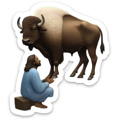 A buffalo praying to heaven and the face of Jesus in the sky looking down sticker