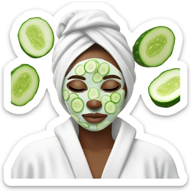 White girl with Brown hair and blue eyes wears a Green colored skincare clay textured mask and puts on cucumbers around her eyes while She relaxes in her white Robe sticker