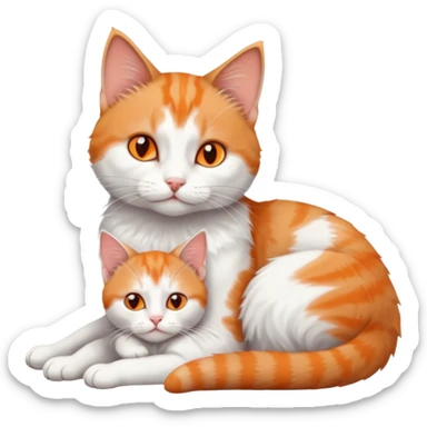 full body of a grey and white cat cuddling a very small + skinny ginger and white kitten with deep orange eyes and triangular shaped face lying down sticker