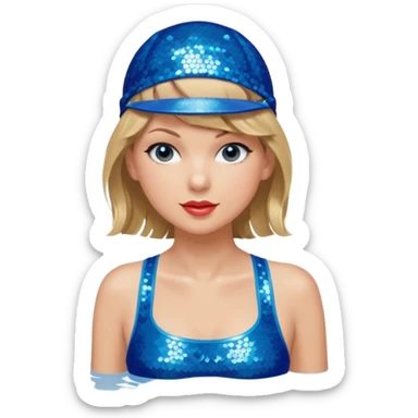 Taylor Swift wearing a one piece blue bathing suit with sparkly sequin straps. She is also wearing a sequin blue swim cap with a sequin strap going under her chin.  sticker