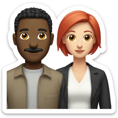 Black man with short black hair and mustache with white woman with straight red hair sticker