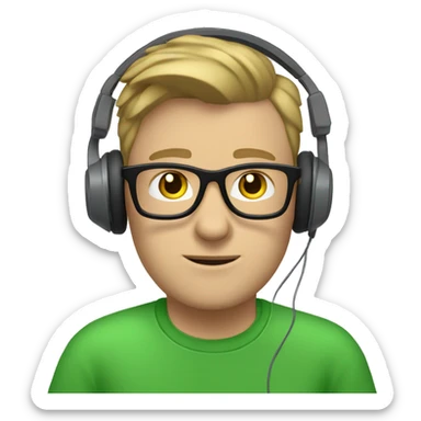 white guy with dark blond hair square glasses blue eyes wearing green t-shirt using laptop with headphones sticker