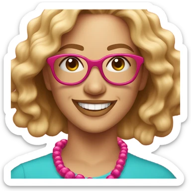  cheerful woman with wavy blonde hair and glasses, wearing a pink shirt and colorful beaded necklace, smiling brightly against a vibrant red background." sticker