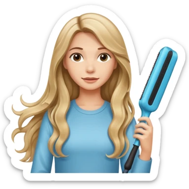 pretty girl with long wavy dirty blonde hair holding a hair straightener as if she was about to straighten and style a strand of her hair.  sticker
