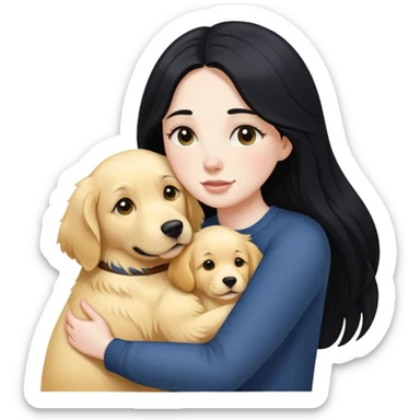 A white girl with long black  hair tightly hugged a Golden Retriever sticker