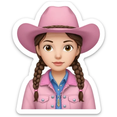 Brunette cowgirl with two braids and soft pink hat and jacket sticker