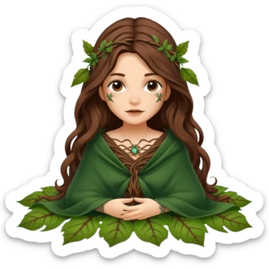 cute forest witch woman long wavy brown hair tattoos wrapped in leaf blanket sticker