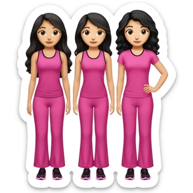 3 olive skin tone best friends. First one wearing pink gym attire modest with long black hair wavy. Second one wearing a pink fitted long maxi dress with curves long black hair and the last one wearing pink casual clothes with brown mid length hair similing looking glammed up  sticker