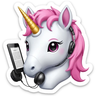 Unicorno peluche bianco con corno rosa brillantato con sulla testa un paio di cuffie e un Amazon Kindle in mano sticker