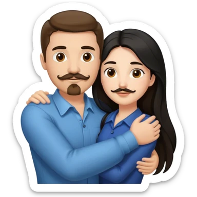 a white girl with long black hair hugging a white guy with brown hair goatee mustache sticker