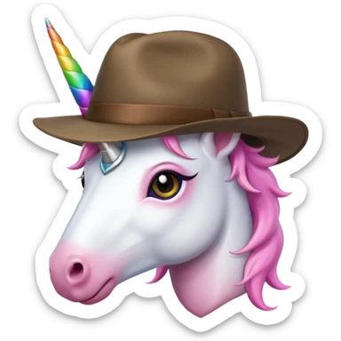 unicorn face cute wearing fedora, horn piercing through the hat sticker