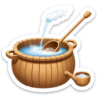 Ladle pouring water onto sauna rocks with steam sticker