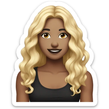 Girl with long wavy blonde hair eyes closed smiling black tank top and black makeup sticker
