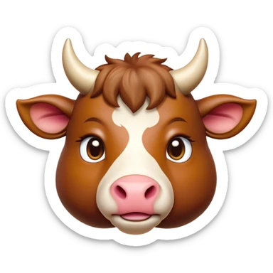 Cinematic Cute Domestic Ox Portrait Emoji, Head tilted playfully and inquisitively, with a robust, compact build and a polished hide adorned with subtle natural patterns, round, sparkling eyes full of gentle curiosity, Simplified yet irresistibly adorable features, highly detailed, glowing with a warm, friendly glow, high shine, affectionate and grounded, stylized with a touch of rustic charm, soft glowing outline, capturing the essence of a mischievous yet loving ox that feels like it could amble out of the screen into your arms! sticker